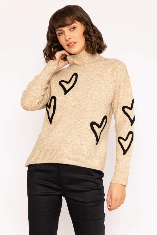 High Neck Camel Jumper with Heart Knit Design Houndstooth Herringbone Solid