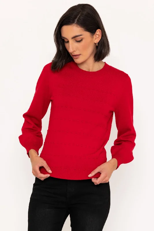 Horizontal Stitch Knit Jumper in Red Herringbone Houndstooth Plaid