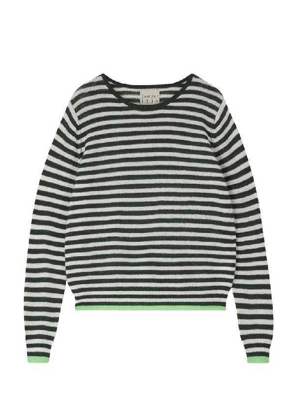 Jumper 1234 Cashmere Tipped Little Stripe Knit in Khaki Cream Lime Mesh Sweater Canvas Denim