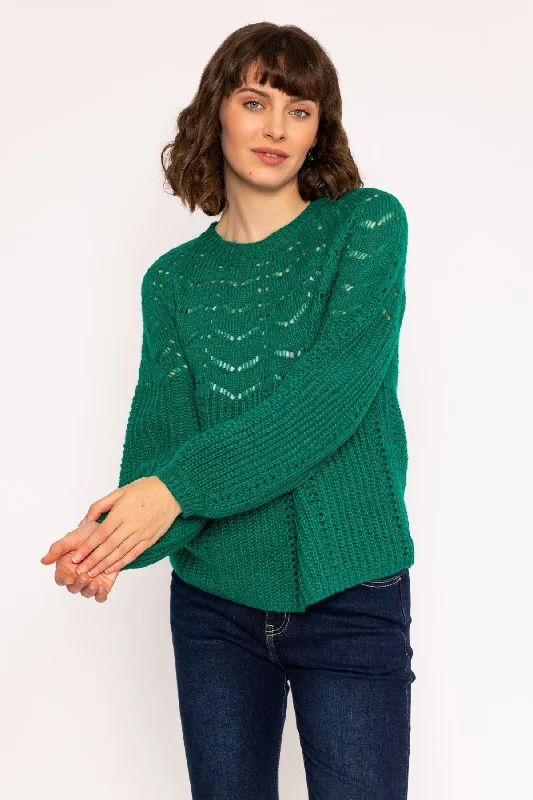 Knit Jumper with Bell Sleeves in Green Boat Neck Shawl Collar Notched Collar