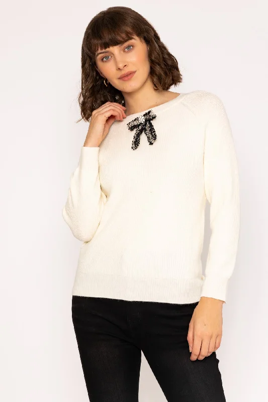 Long Sleeve Bow Knit Jumper in Ivory High Neck Crew Neck V-Neck