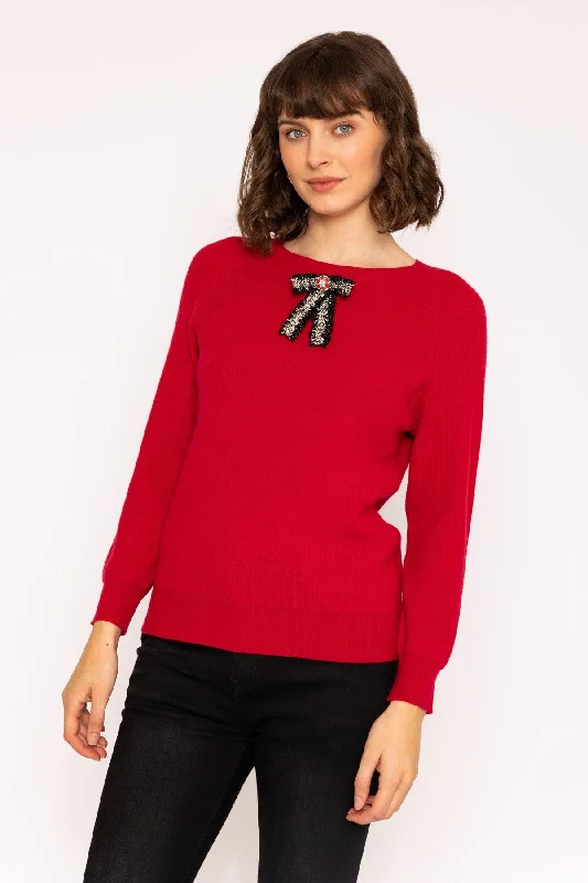 Long Sleeve Bow Knit Jumper in Red Denim Fabric Leather Fabric Suede Fabric