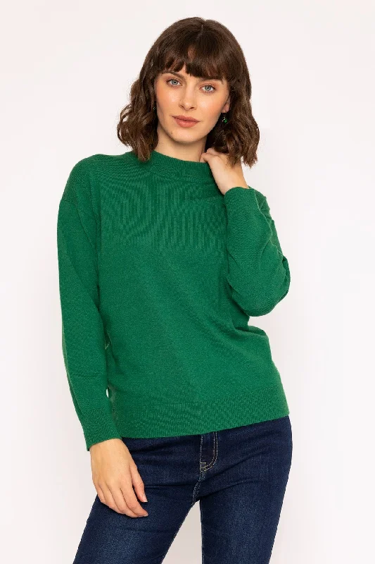 Mock High Neck Knit Jumper in Green Silk Blend Satin Velvet