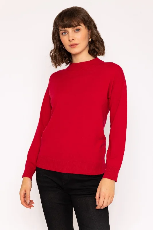 Mock High Neck Knit Jumper in Red Stretchy Elastic Breathable