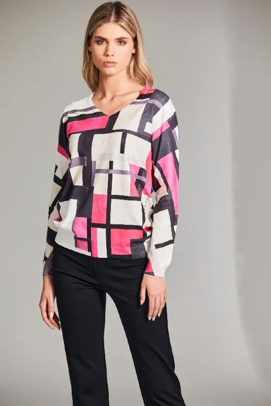 Mondrian Pink Print Knit Jumper Anti-Pilling Anti-Shrink Durable