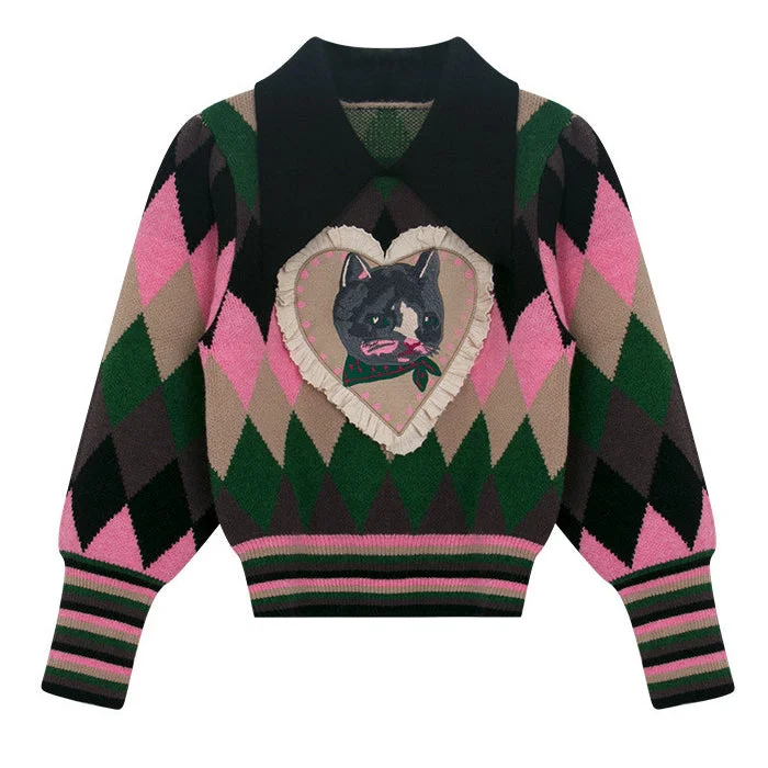 Preppy Cat Argyle Collar Jumper Stylish Fashionable Trendy