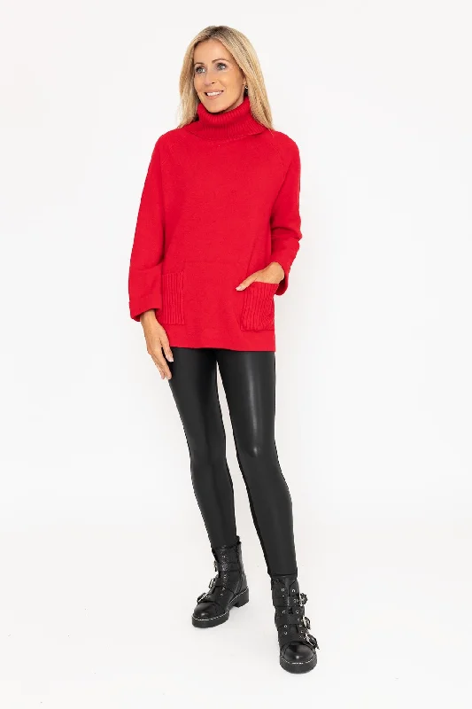 Red Pocket Polo Knit Jumper Layered Multi-layer Single Layer