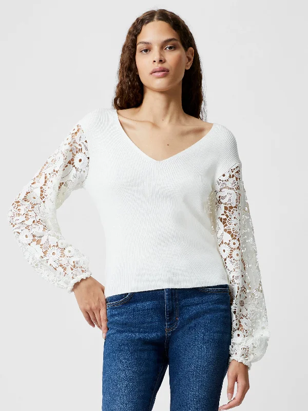 Ribbed V-Neck Lace Sleeve Jumper Boxy Sweater Fitted Sweater A-Line