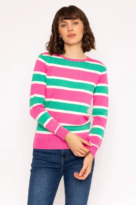 Soft Touch Stripe Knit Jumper in Pink & Green Graphic Sweater Embroidered Appliqued