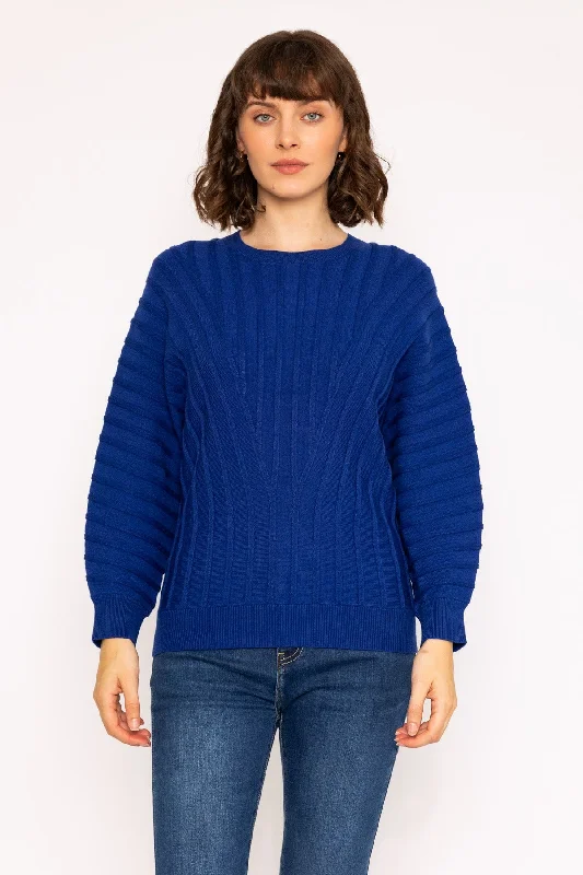 Textured Crew Neck Jumper in Blue Zippered Buttoned Snapped