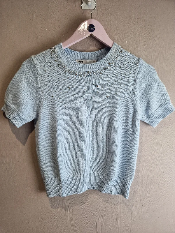 Zara blue knitted embellished jumper - small Tailored Straight A-Line