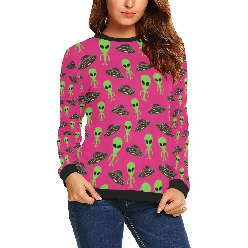 Alien Ufo Pink Pattern Print Women's Sweatshirt Hoodie with Elastic Cuffs Stretchable Comfortable