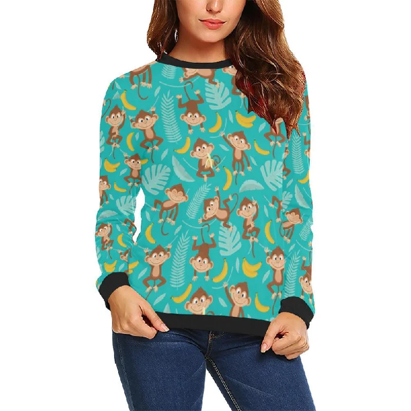 Banana Monkey Pattern Print Women Crewneck Sweatshirt Hoodie with Metallic Shiny Futuristic