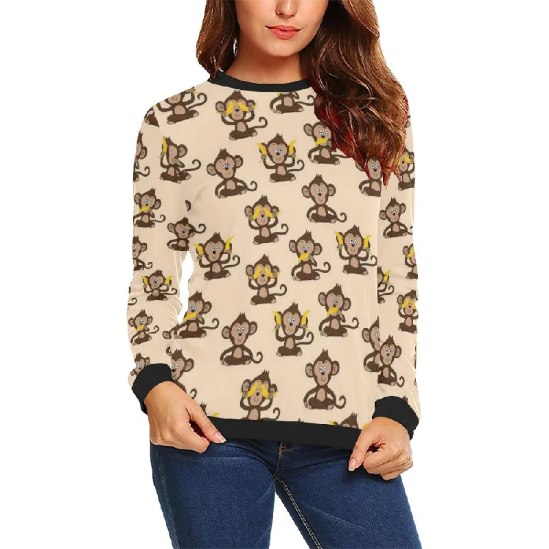 Banana Monkey Print Pattern Women Crewneck Sweatshirt Hoodie with Hem Applique Textured Unique