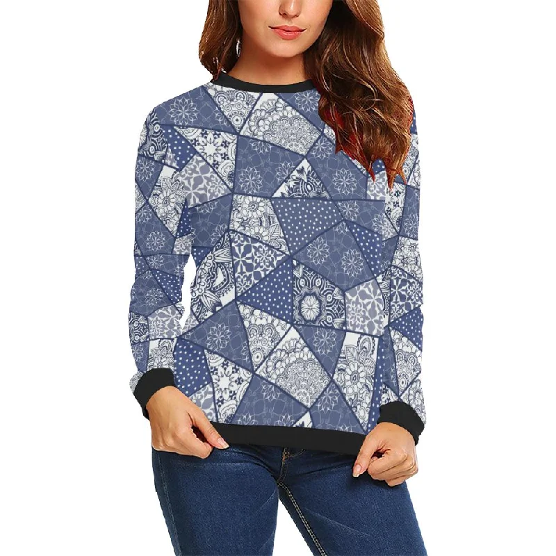 Blue Patchwork Pattern Print Women Crewneck Sweatshirt Hoodie Dress Longline Feminine