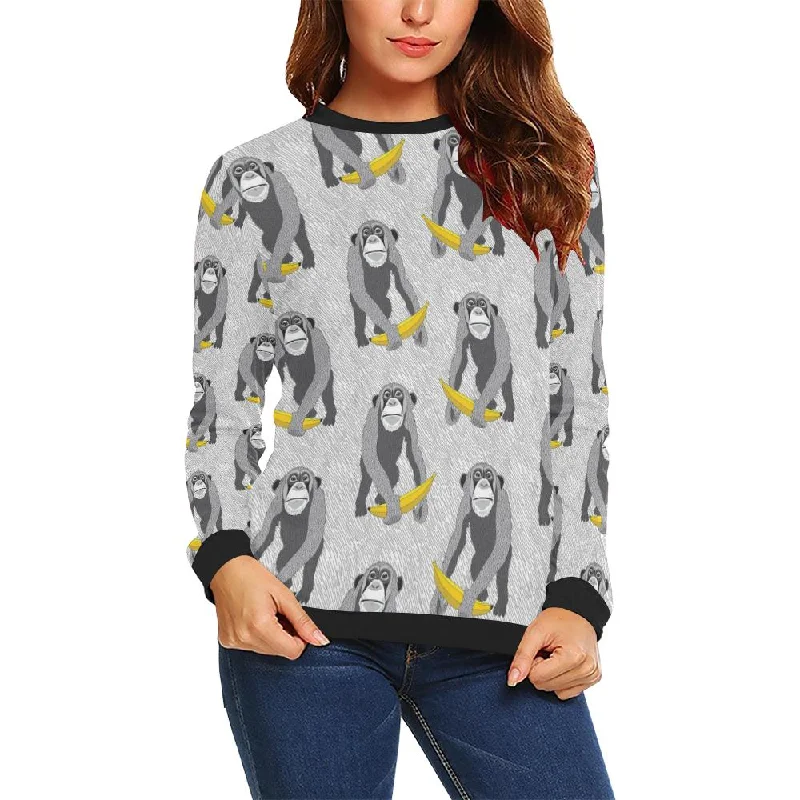 Chimp Monkey Banana Pattern Print Women Crewneck Sweatshirt Hoodie with Belted Waist Structured Tailored