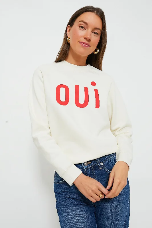 Cream with Bright Poppy Oui Sweatshirt Hoodie with Fur Luxurious Winter