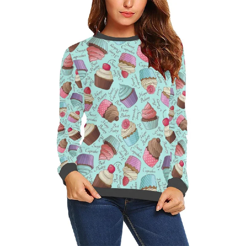 Cupcake Blue Pattern Print Women's Sweatshirt Hoodie with Hem Frayed Vintage Worn