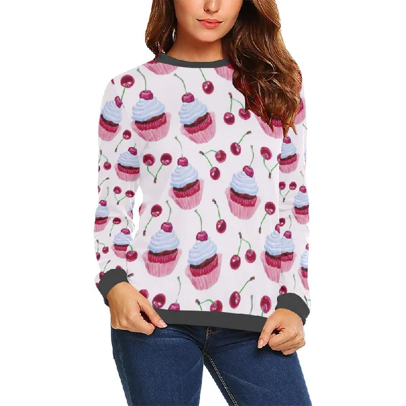 Cupcake Cherry Pattern Print Women's Sweatshirt Hoodie with Hem Drawcord Adjustable Customizable