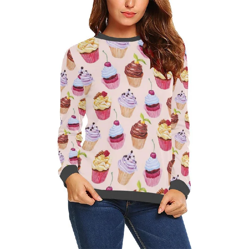 Cupcake Pink Pattern Print Women's Sweatshirt Hoodie with Distressed Vintage Worn