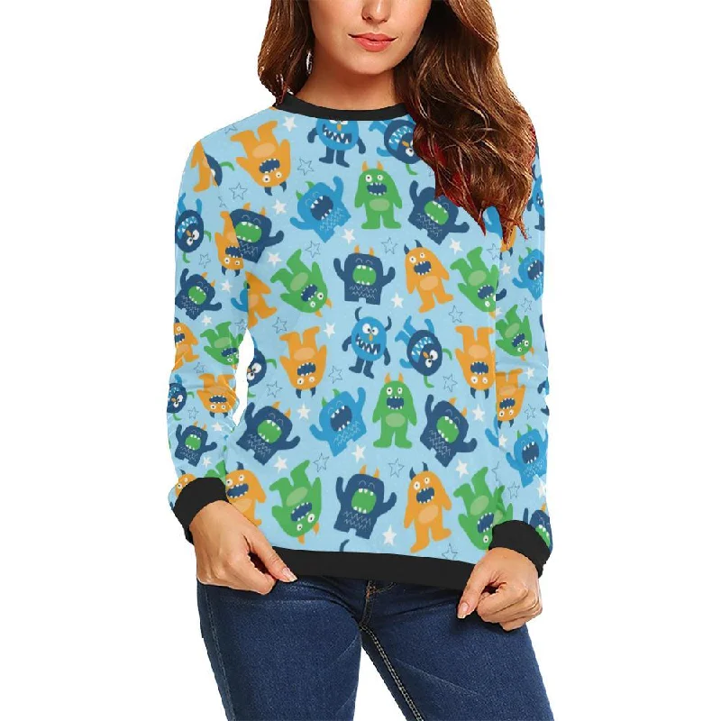 Cute Monster Print Pattern Women Crewneck Sweatshirt Hoodie with Half-Zip Sporty Casual