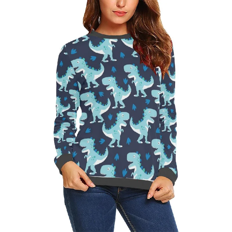 Dino Cartoon Dinosaur Pattern Print Women's Sweatshirt Hoodie with Exposed Zipper Edgy Industrial