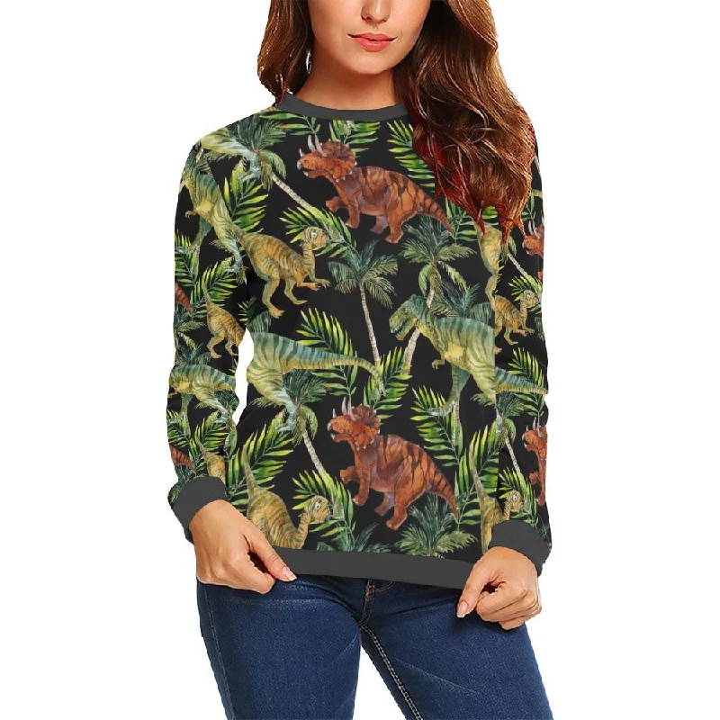 Dino Dinosaur Palm Leaf Pattern Print Women's Sweatshirt Hoodie with Zipper Placket Modern Functional