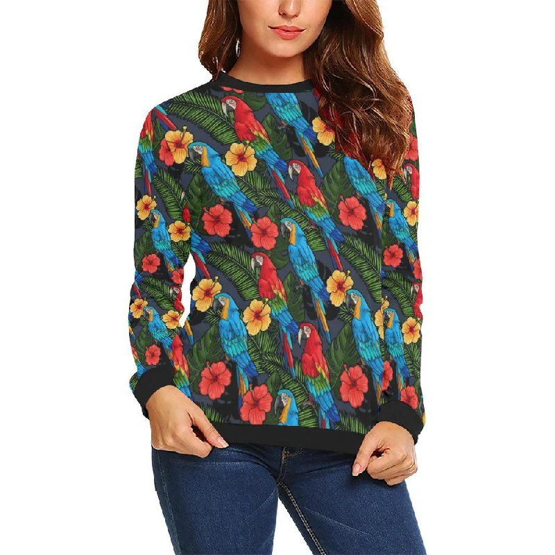 Floral Parrot Bird Pattern Print Women Crewneck Sweatshirt Hoodie with Drawcord Adjustable Secure