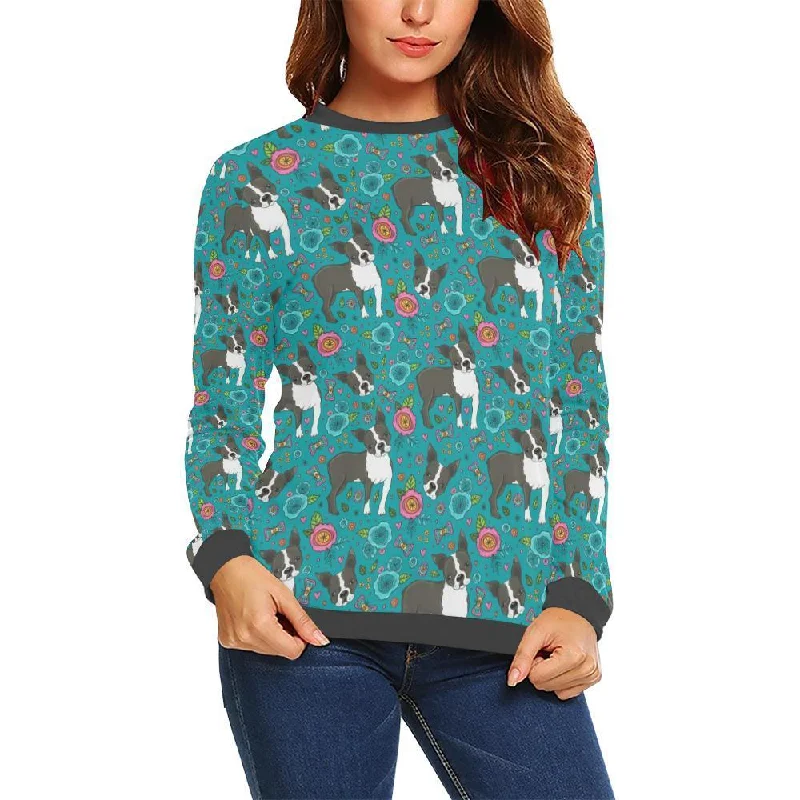 Flower Boston Terrier Pattern Print Women's Sweatshirt Hoodie with Applique Textured Unique