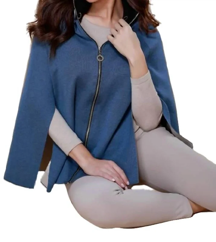 High Slit Detachable Hooded Poncho In Denim Stone Hoodie with Cropped Fit Short Trendy