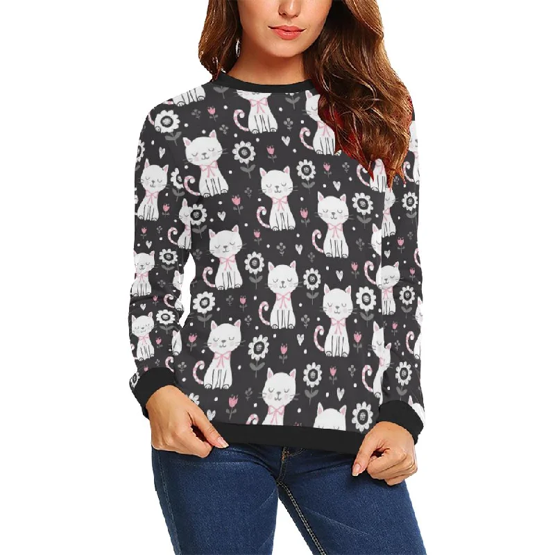 Kitten Floral Cat Pattern Print Women Crewneck Sweatshirt Hoodie with Sequins Glamorous Eye-catching