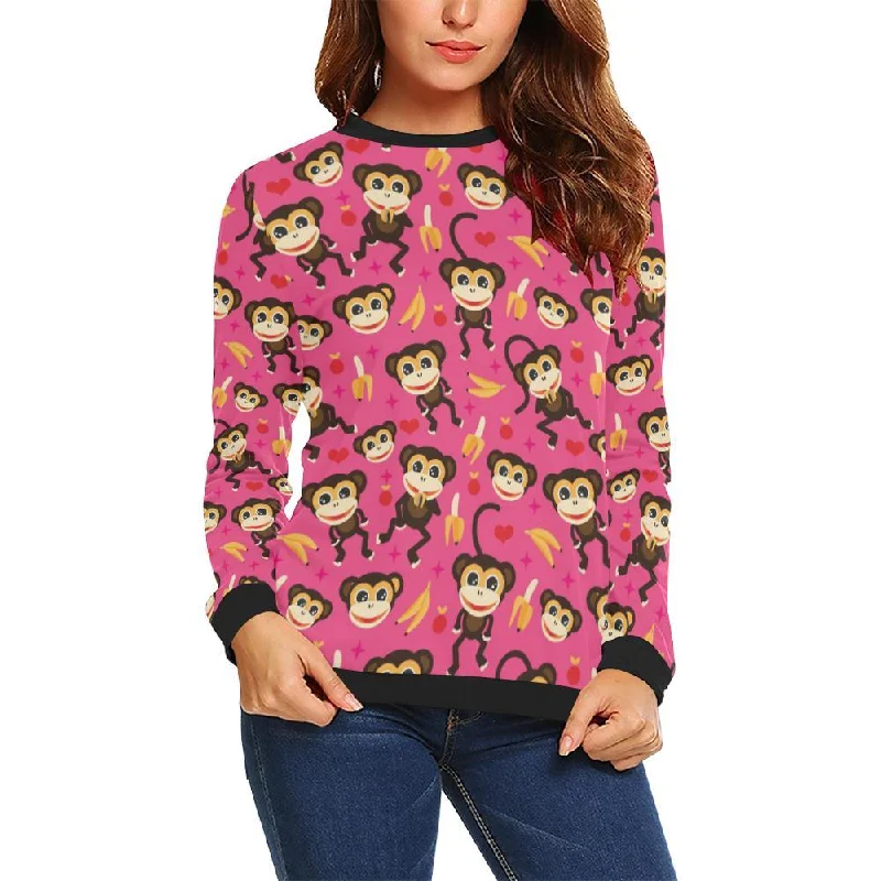 Monkey Banana Pattern Print Women Crewneck Sweatshirt Hoodie with Hem Lace Feminine Delicate