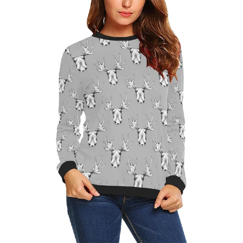 Moose Pattern Print Women Crewneck Sweatshirt Hoodie with Lace Feminine Delicate