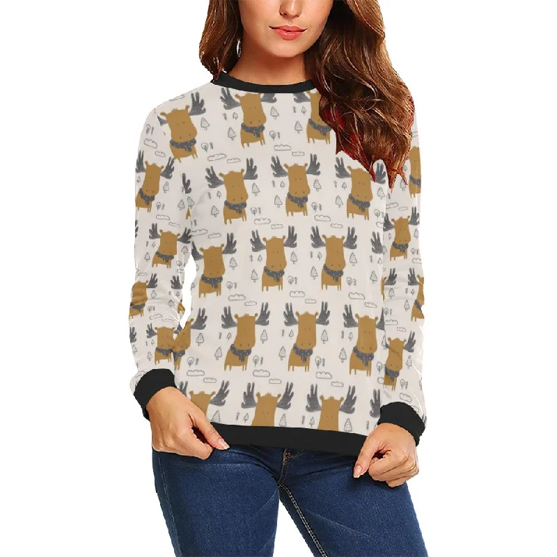 Moose Print Pattern Women Crewneck Sweatshirt Hoodie with Emblem Brand Identity