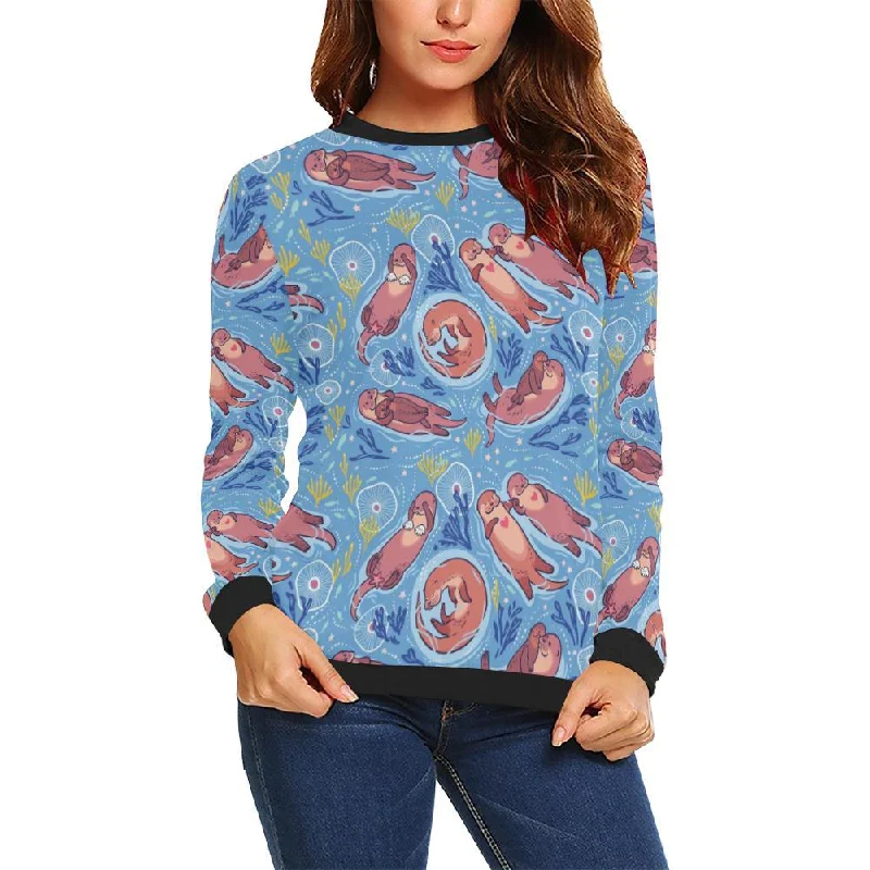 Otter Pattern Print Women Crewneck Sweatshirt Hoodie with Frayed Bohemian Relaxed