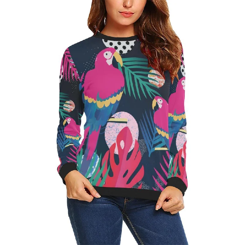 Parrot Bird Floral Pattern Print Women Crewneck Sweatshirt Hoodie with Fur Luxurious Winter