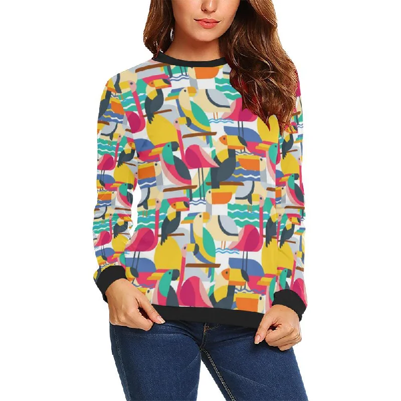 Parrot Pattern Print Women Crewneck Sweatshirt Hoodie with Stripes Bold Sporty