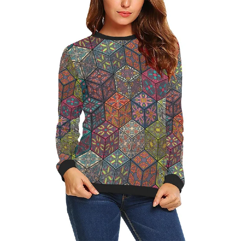 Patchwork Print Pattern Women Crewneck Sweatshirt Hoodie with Metallic Shiny Futuristic