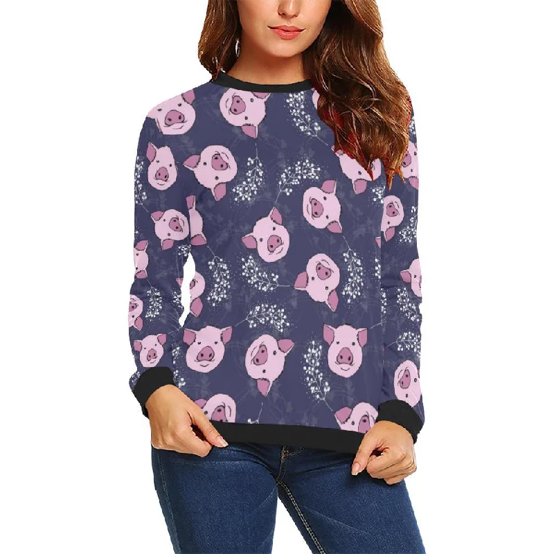 Pig Pattern Print Women Crewneck Sweatshirt Hoodie with Hem Contrast Bold Stylish