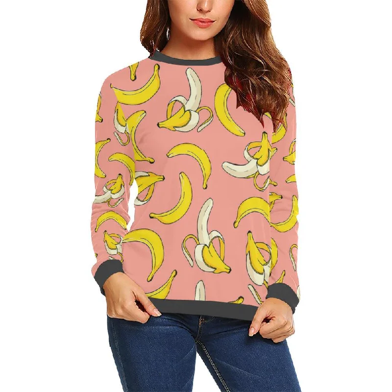 Pink Banana Pattern Print Women's Sweatshirt Hoodie with Contrast Stitching Detailed Premium