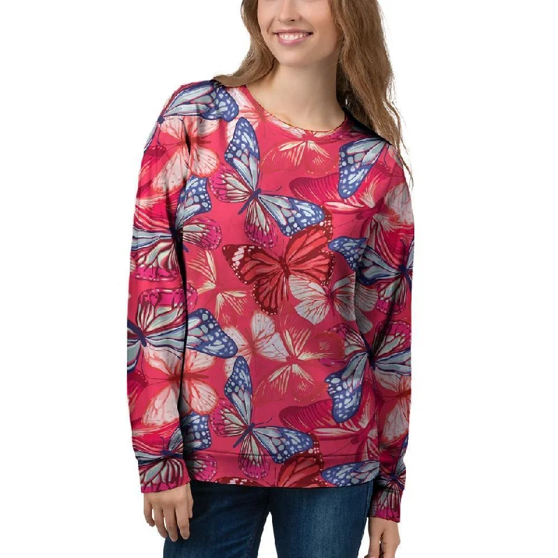 Red and Blue Butterfly Print Women's Sweatshirt Hoodie with Logo Branding Identity