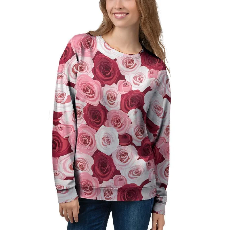 Red And Pink Rose Floral Women's Sweatshirt Hoodie with Hem Embroidery Detailed Premium