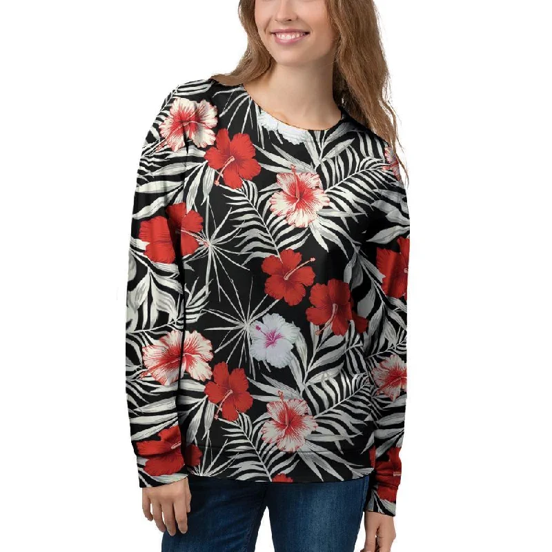 Red And White Hibiscus Flowers Hawaiian Print Women's Sweatshirt Hoodie with Hem Drawcord Adjustable Customizable