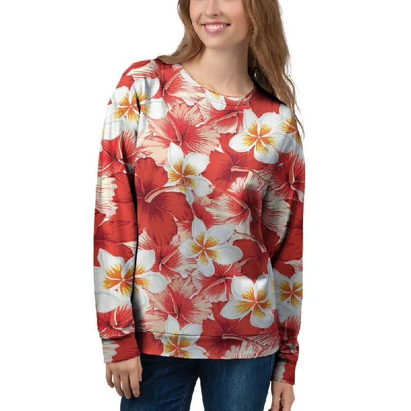 Red And White Hibiscus Hawaiian Print Women's Sweatshirt Hoodie with Hem Detail Decorative Unique