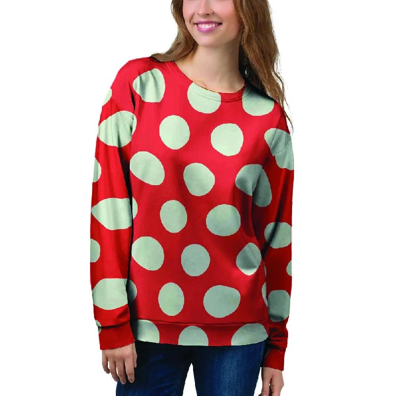 Red And White Polka Dot Women's Sweatshirt Hoodie with Side Slits Relaxed Casual