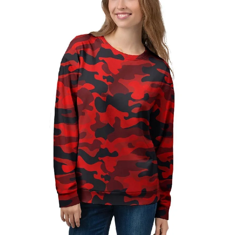 Red Camo Print Women's Sweatshirt Hoodie with Toggle Buttons Decorative Unique