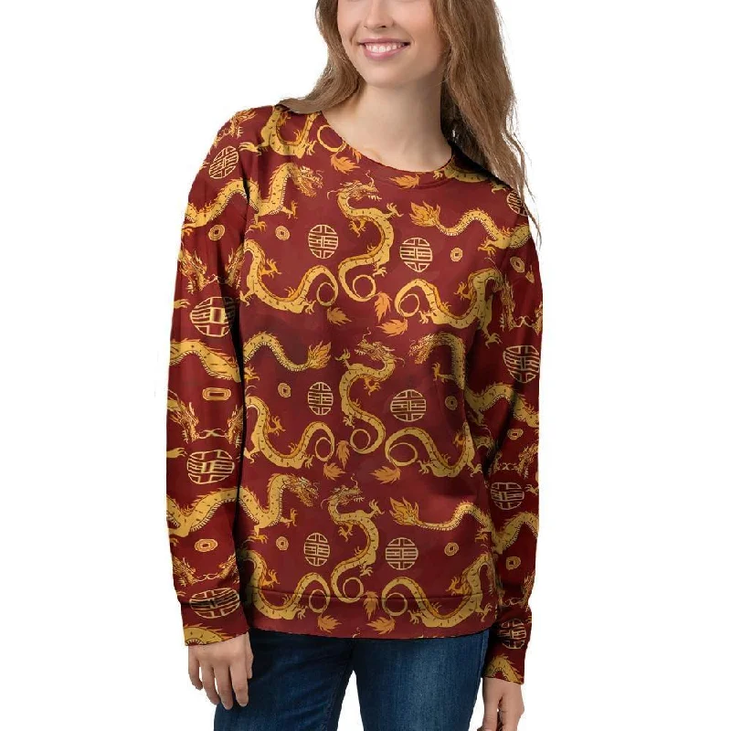 Red Chinese Dragon Women's Sweatshirt Hoodie with Hidden Zipper Minimalist Clean