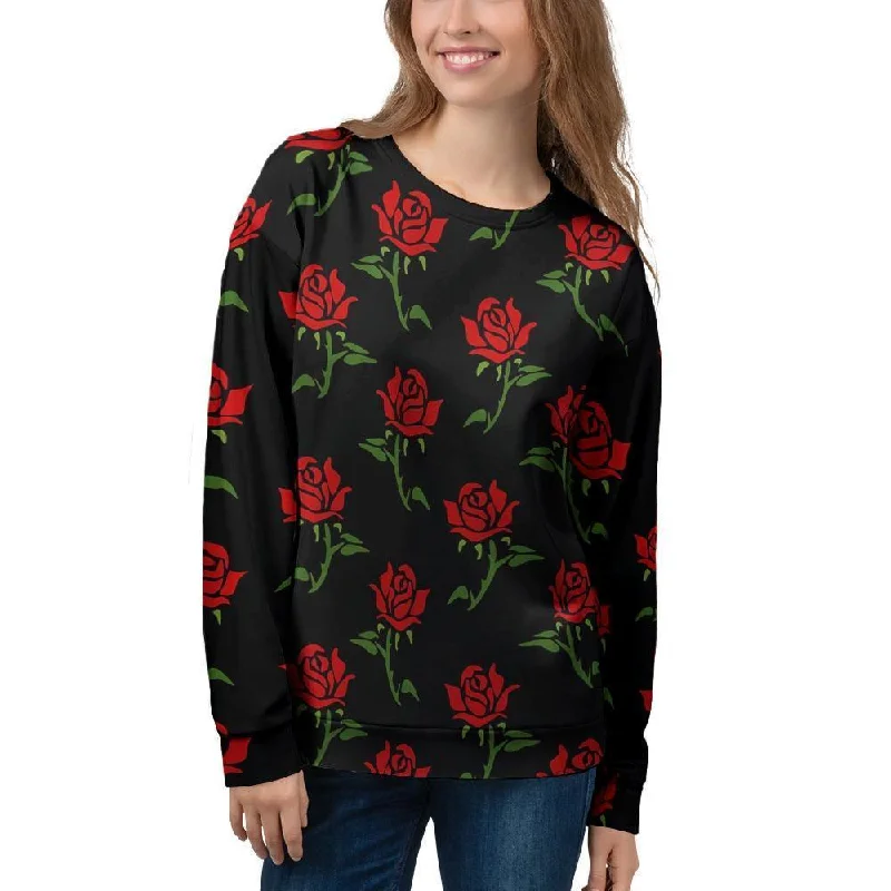 Red Doodle Rose Floral Women's Sweatshirt Hoodie with Elastic Cuffs Stretchable Comfortable