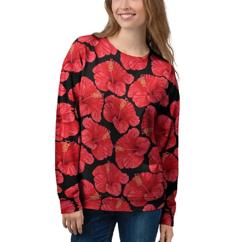 Red Hibiscus Flower Hawaiian Print Women's Sweatshirt Hoodie with Bell Sleeves Flared Feminine