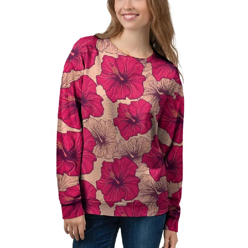 Red Hibiscus Flower Print Women's Sweatshirt Hoodie with Raglan Sleeves Sporty Comfortable